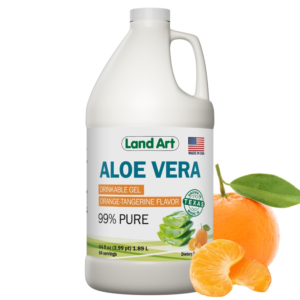 Gel de boisson pur Aloe Vera - Aromatisé orange Tangerine - Filet intérieur traité à froid - de feuilles fraîches biologiques du Texas - pour le soulagement des brûlures d'estomac - Reflux acide - 64 fl oz