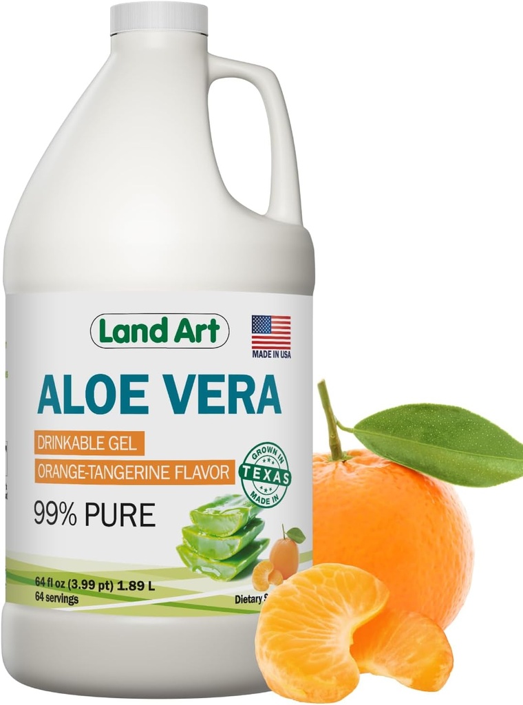 Gel de boisson pur Aloe Vera - Aromatisé orange Tangerine - Filet intérieur traité à froid - de feuilles fraîches biologiques du Texas - pour le soulagement des brûlures d'estomac - Reflux acide - 64 fl oz
