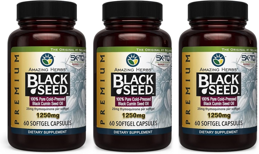 Amazing Herbs Premium Capsules d'huile de graines noires - Haute puissance, Nigella pressée à froid Sativa aide à la santé digestive, le soutien immunitaire et la fonction cérébrale - 60 comte, 1250mg (paquet de 3)