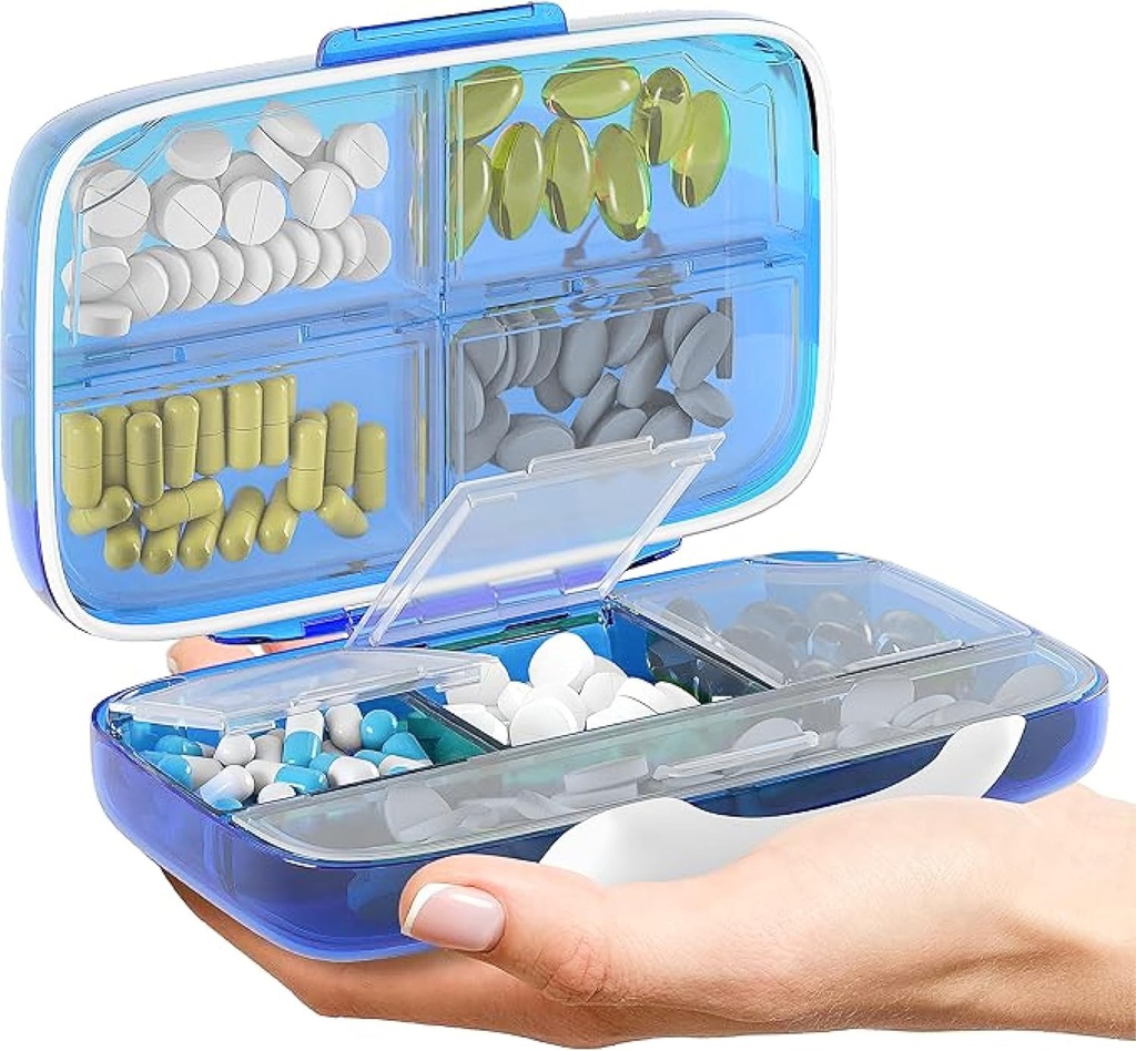 Organisateur de pilules de voyage - Cas de médicaments hermétiques pour voyager Boîte de pharmacie portable avec étiquettes Conteneur de vitamine 8 Compartiment Support de médicaments Grande capacité quotidienne (bleu)