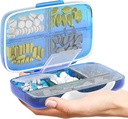 Organisateur de pilules de voyage - Cas de médicaments hermétiques pour voyager Boîte de pharmacie portable avec étiquettes Conteneur de vitamine 8 Compartiment Support de médicaments Grande capacité quotidienne (bleu)