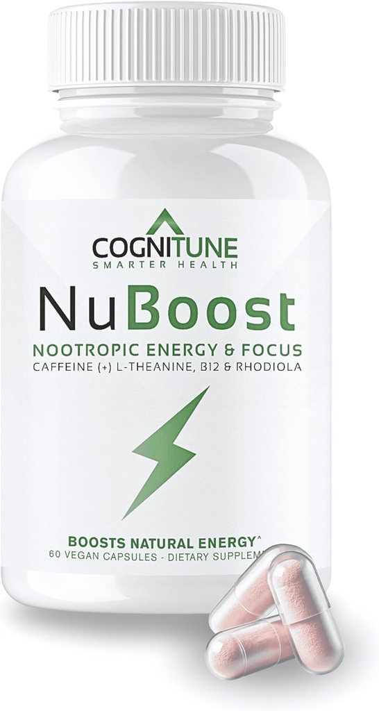 CogniTune NuBoost Énergie & Focus Supplément Cerveau, Caféine L-Theanine, Vitamine B12, Rhodiola + BioPerine, Sans Crash, Sans Jitter 100mg Pills de caféine, Clean Nootropic Cerveau Booster, 60 Ct
