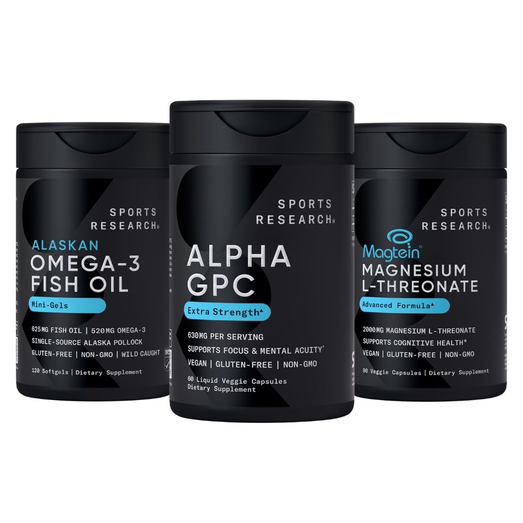 Sports Research® Brain Support Pack - Extra Strength Alpha GPC 630mg + Alaskan Omega-3 ­­Fish Oil Mini-Gels + High-Absorption Magtein® 2000mg