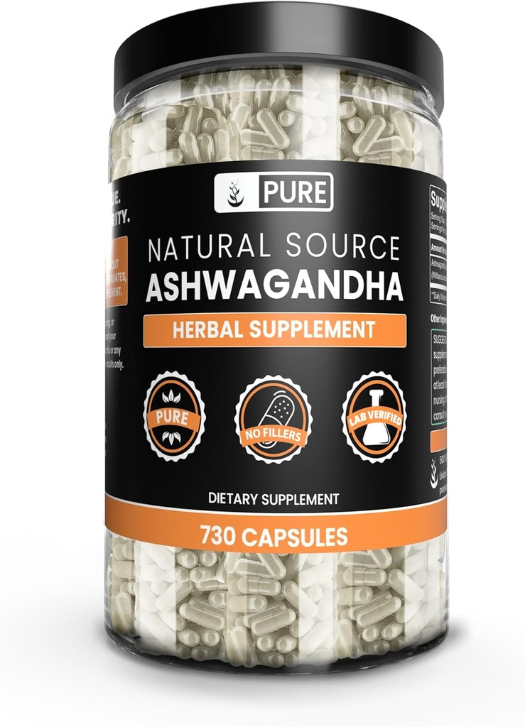 Ingrédients originaux purs Ashwagandha (730 Capsules) Pas de Magnésium ou de Rice Fillers, Toujours Pure, Verified Lab