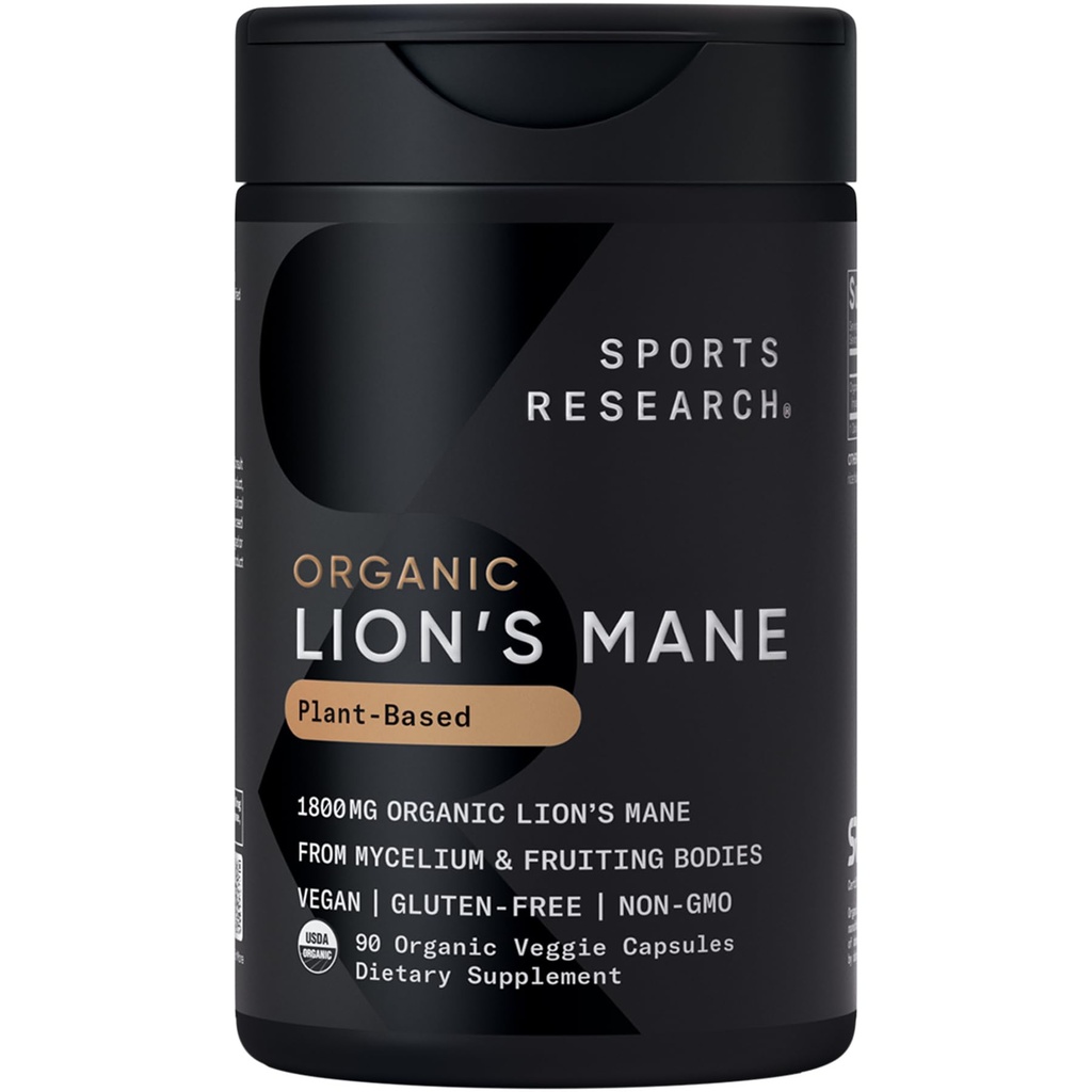 Sports Research® Organic Lion's Mane Mushroom Supplement 1800mg - Brain Health, Focus & Cognitive Supports - USDA Certified Organic · Non-GMO · Vegan - 90 Count Capsules