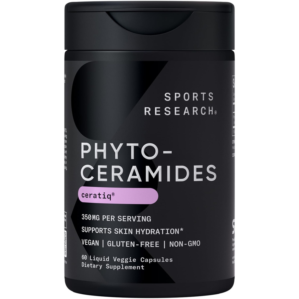 Sports Research Phytoceramides 350 mg per Liquid Veggie Capsule - Plant Derived Ceramides for Healthy Skin and Hydration - Made with Ceratiq® · Non-GMO · Vegan Friendly - 60 Count