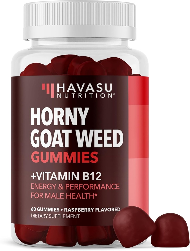 Gommies d'herbes de chèvres avec vitamine B12 - Soutien à l'énergie, à l'endurance et au rendement pour la santé masculine - 60 Comte - Végétarien-Ami, Non-OGM, Pectine-Based - Arôme de framboise, 1 mois d'approvisionnement