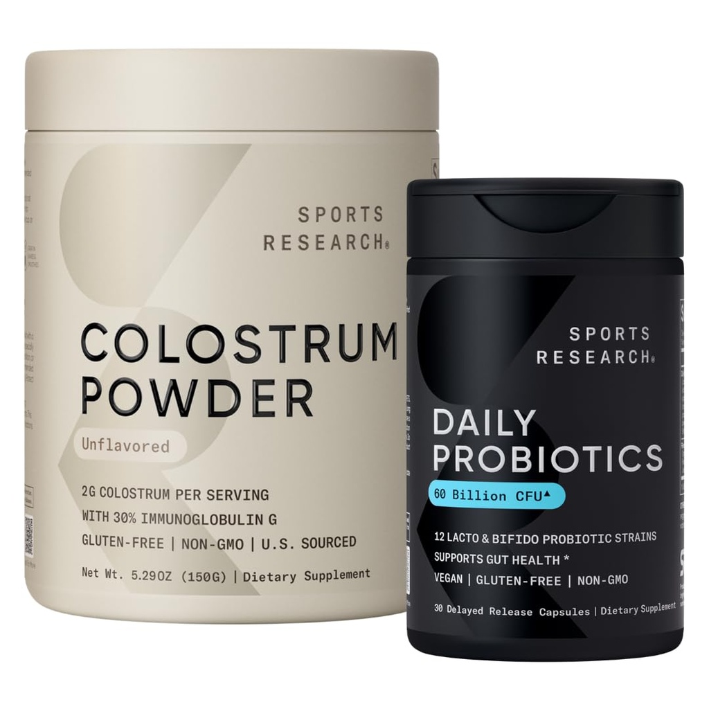 Sports Research® Gut Health Pack - Daily Probiotics w/Lacto & Bifido Probiotic Strains (60 Billion CFU) and U.S. Sourced Bovine Colostrum Powder w/IgG Antibodies for Gut Health & Digestive Support