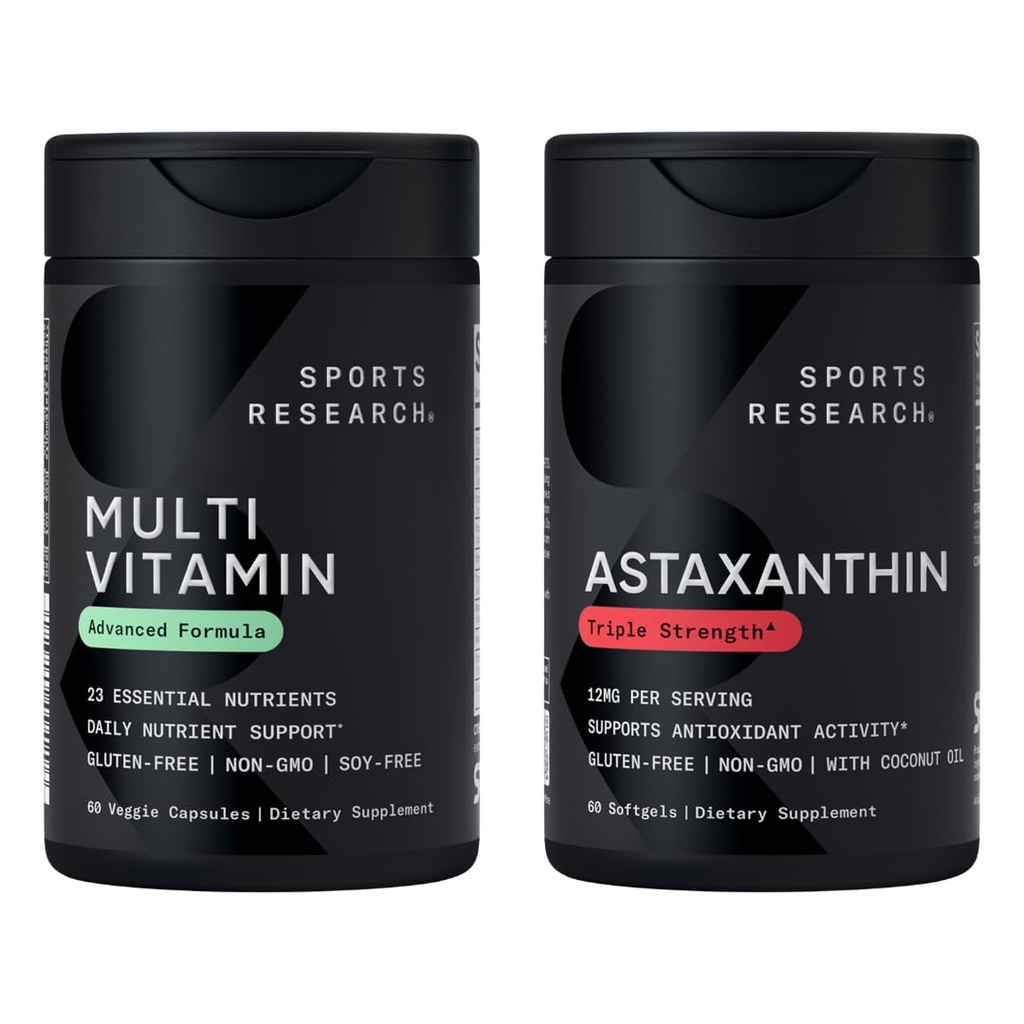 Sports Research® Multivitamin Pack - Triple Strength Astaxanthin 12mg w/Organic Coconut Oil + Multivitamin Advanced Formula w/ 23 Essential Vitamins & Minerals with CoQ10 & Iodine