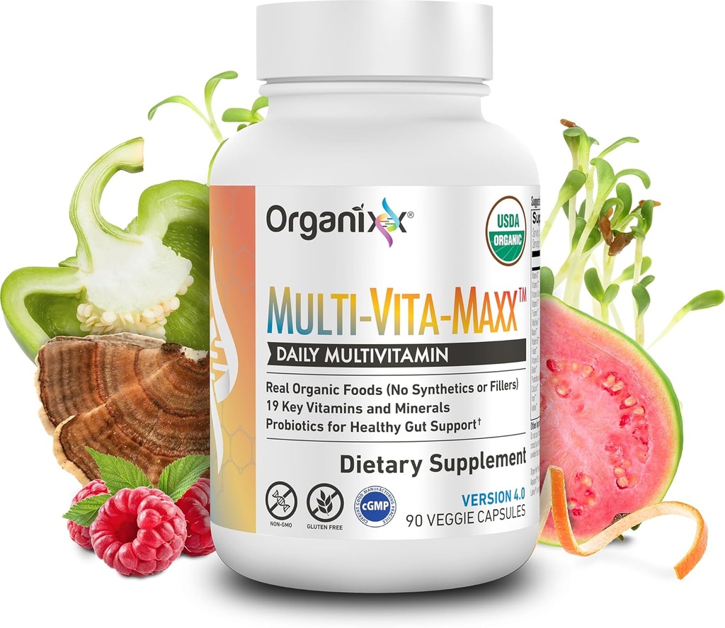 Multivitamine Vegan Organixx pour les femmes et les hommes, avec Vitamine C, D3, Complexe Vitamine B, Probiotiques, Fruits et Légumes Biologiques, Soutiens Digestion, Santé Gut, Soutien immunitaire, 90 Capsules Gel