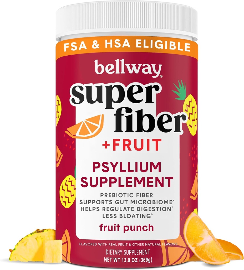 Poudre Super Fibre Bellway + Fruits, Sans Sucre Psyllium Bio Poudre Poudre Fibre Supplément pour la régularité, Bloating Relief & Digestive Health, Plant-Based, Fruit Punch (50 portions)