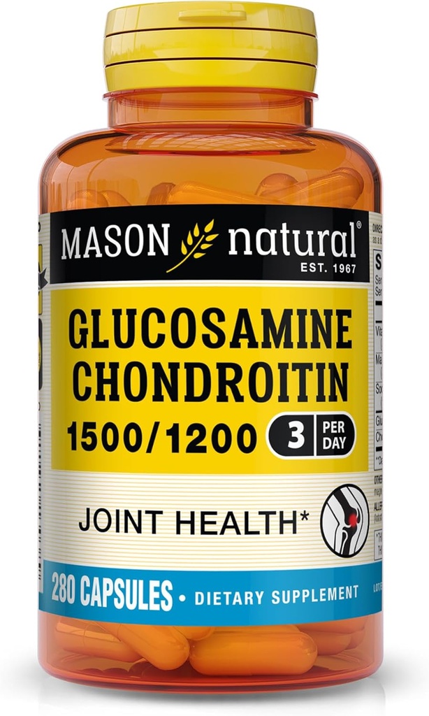 MASON NATURAL Glucosamine Chondroïtine 1500/1200 avec vitamine C, soutient la santé conjointe pour une flexibilité et une mobilité normales*, 280 capsules, 3 mois d'approvisionnement