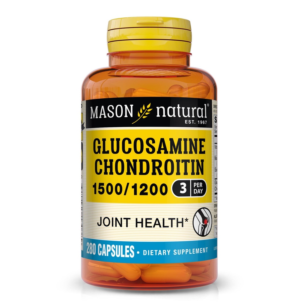 MASON NATURAL Glucosamine Chondroïtine 1500/1200 avec vitamine C, soutient la santé conjointe pour une flexibilité et une mobilité normales*, 280 capsules, 3 mois d'approvisionnement