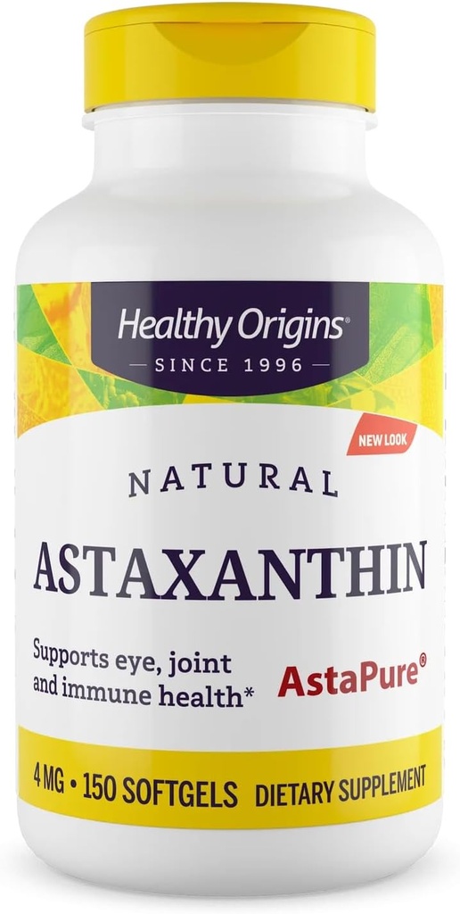 Origines saines Astaxanthine 4 mg (Natural, Astapure, Non-OGM, Sans gluten, Support pour les yeux, Support pour les articulations, Soutien immunitaire), 150 Softgels