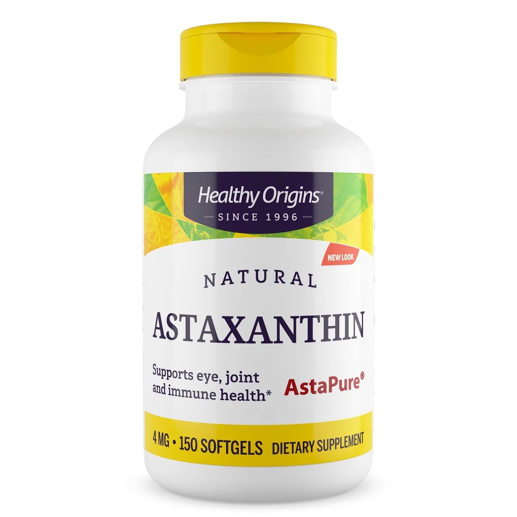 Origines saines Astaxanthine 4 mg (Natural, Astapure, Non-OGM, Sans gluten, Support pour les yeux, Support pour les articulations, Soutien immunitaire), 150 Softgels