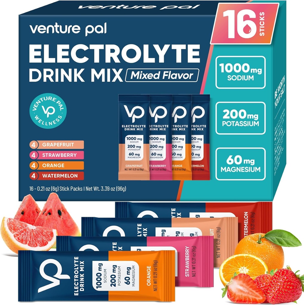 Venture Pal haute teneur en sucre sans électrolytes en poudre - Packs d'hydratation avec vitamine, sodium et potassium