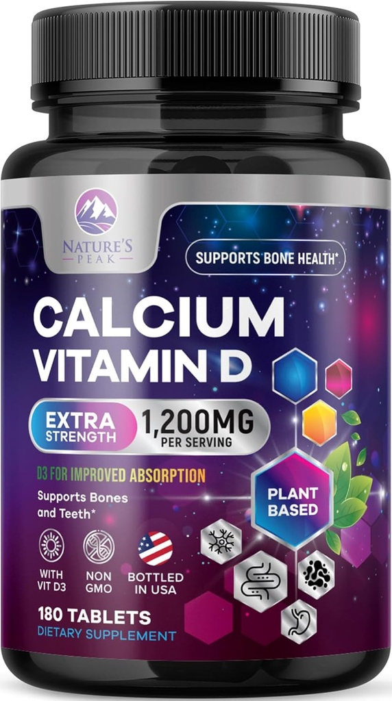 Calcium 1200 mg avec vitamine D3, supplément de calcium Vitamines, os, dents et crèmes de santé, suppléments de calcium avec D pour les femmes et les hommes, carbonate de calcium absorbant de la nature - 180 comprimés