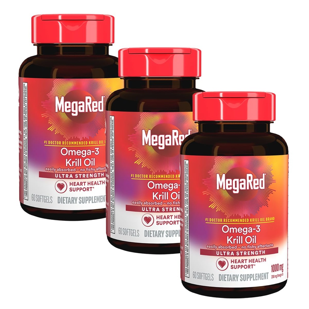 MegaRed Ultra Strength 1000mg Omega-3 supplément d'huile de krill avec EPA/DHA, Astaxanthin et Phospholipides, sans huile de poisson après-goût soutient la santé du coeur, du cerveau, des articulations et des yeux, 60 softgels de comte (3 Pack)