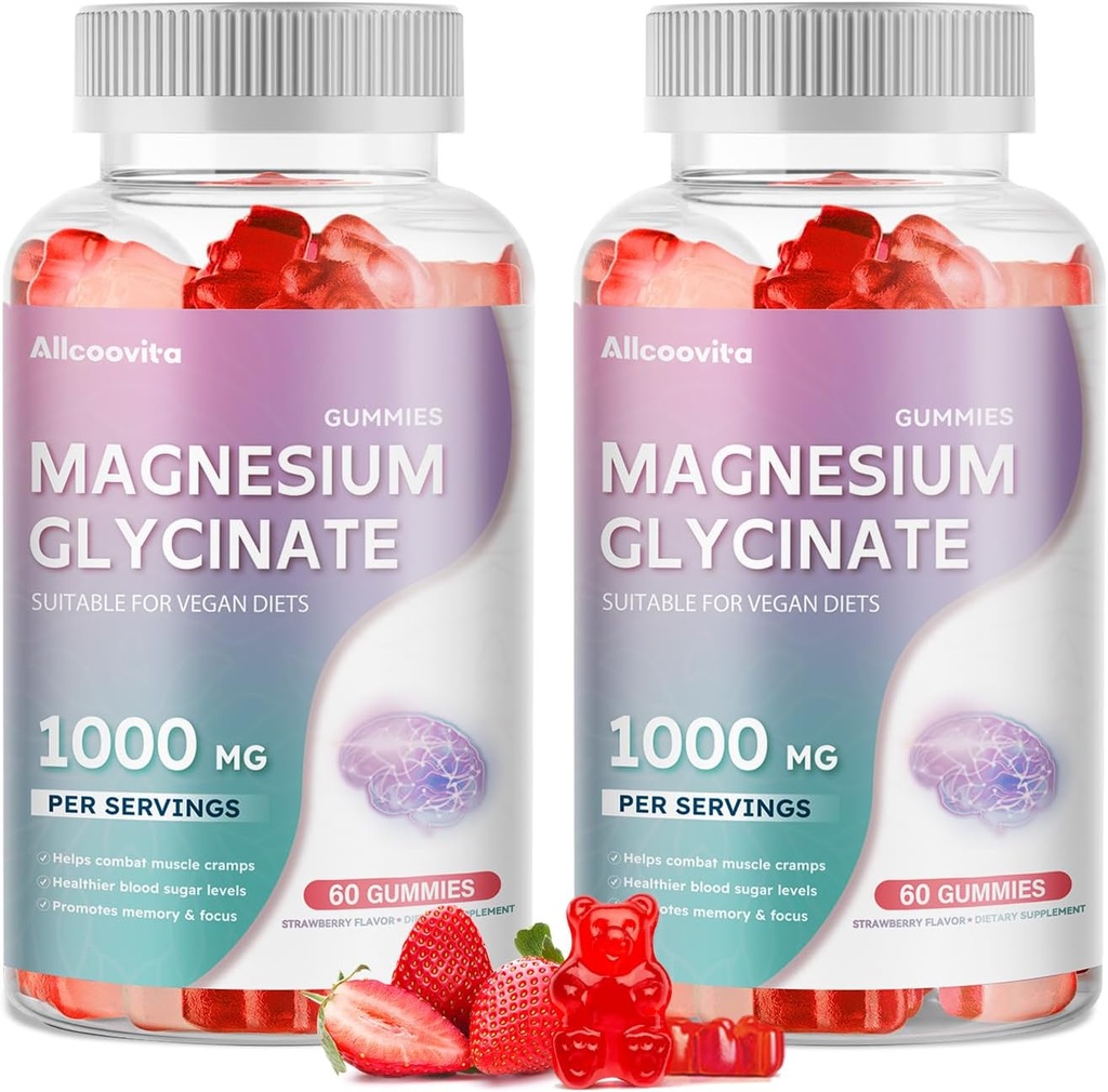 Magnesium Glycinate Gummies 1000mg - Sugar Free Magnesium Potassium Supplement with Vitamin D, B6, CoQ10 for Calm Mood & Sleep Support - 120 Strawberry Gummies
