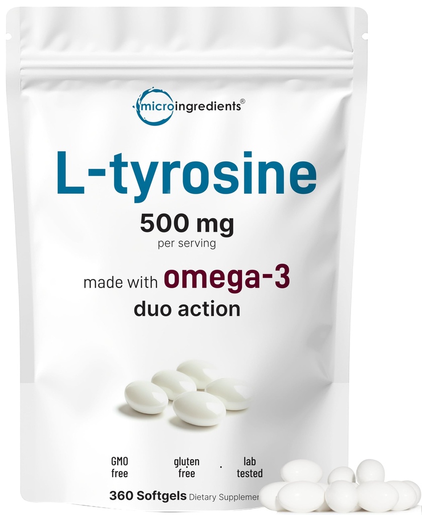L Tyrosine Supplément 500mg avec Omega-3, 360 Softgels.