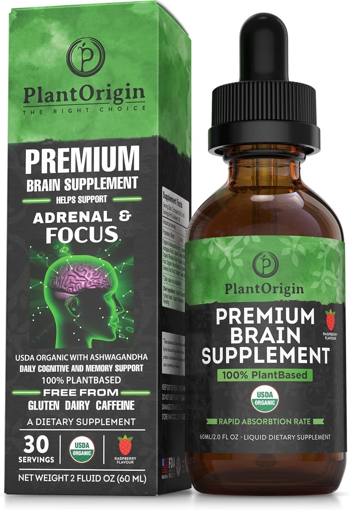 PLANTORIGIN-USDA Supplément Cerveau Liquide Organique – Des gouttes Nootropiques à base végétale pour Focus, Mémoire et Clarté Mentale – Vegan, Non-OGM, Sans Caféine, Ashwagandha, Ginseng, Ginkgo, Rhodiola – Fabriqué aux États-Unis