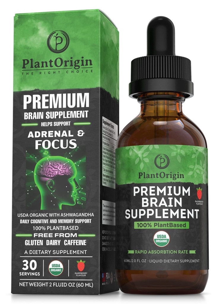 PLANTORIGIN-USDA Supplément Cerveau Liquide Organique – Des gouttes Nootropiques à base végétale pour Focus, Mémoire et Clarté Mentale – Vegan, Non-OGM, Sans Caféine, Ashwagandha, Ginseng, Ginkgo, Rhodiola – Fabriqué aux États-Unis
