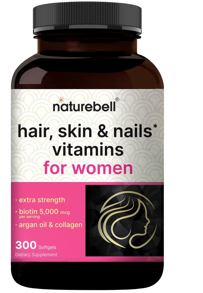NatureBell Hair, Skin & Nails* Vitamins for Women – 5000mcg Biotin, Collagen, Keratin, Hyaluronic Acid, Argan Oil & B‑Complex – 21‑in‑1 Formula with MCT Oil, 300 Softgels (100 Days Supply)