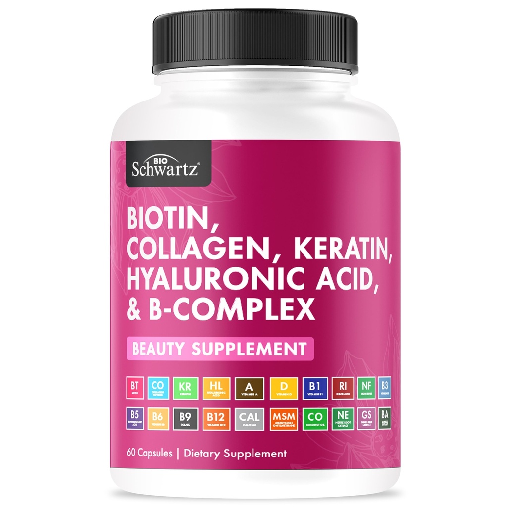 BioSchwartz Biotin Collagen supplément kératine - Vitamines capillaires pour les femmes - 10000mcg Biotin avec Acid Hyaluronique & Complexe B - Non-GMO 60 Capsules Supplément beauté - Vitamines capillaires et ongles pour les femmes