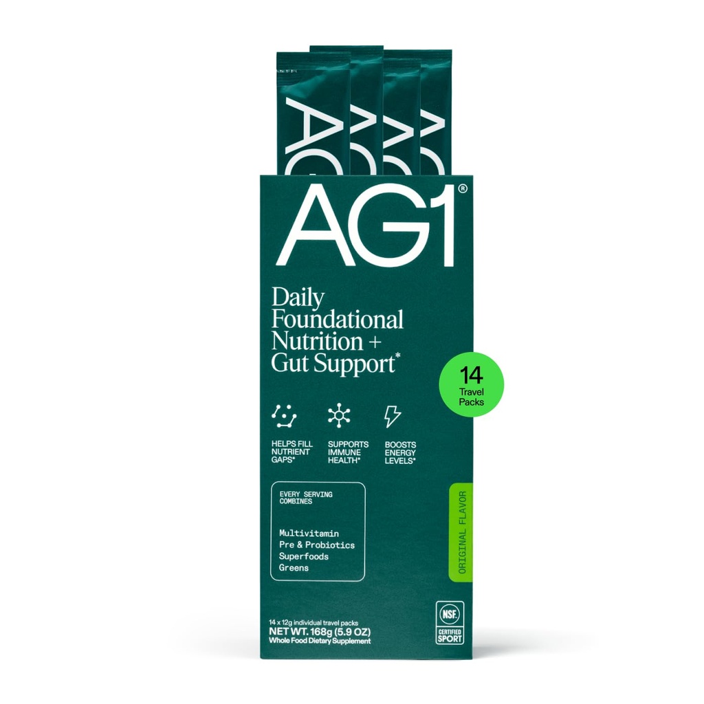 AG1 Athletic Greens Powder Supplement, Improve Gut Health, Multivitamin, Probiotic, Gluten Free, Vegan and Keto Friendly, 75 Vitamins (Travel Packs, 14 Count) - Classic Formula