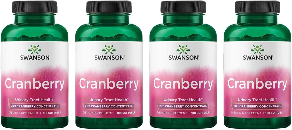 Swanson Cranberry - soutient la santé du trac urinaire, le contrôle de la vésicule et favorise la fonction rénale saine - Supplément fait avec 20:1 concentré de jus de canneberge - (180 Softgels) 4 Pack