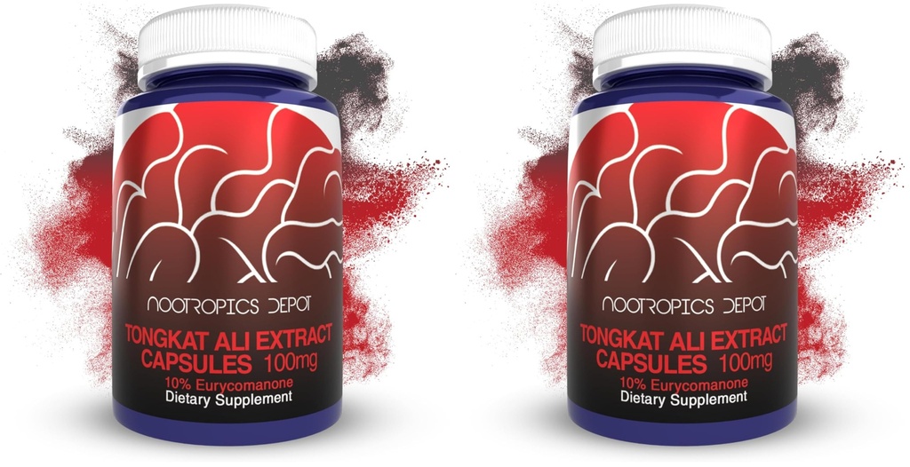 Nootropics Depot Tongkat Ali Extract Capsules | 100mg | 60 Count | 10% Eurycomanone by HPTLC | Eurycoma longifolia Root Extract (Pack of 2)