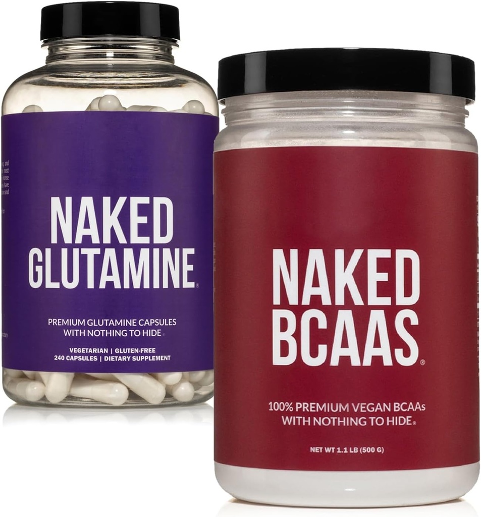 NAKED non aromatisé BCAAs 100 Sevings + pur L-Glutamine 240 Capsules Bundle: Non-OGM, Sans gluten, Récupération musculaire, Rien d'artificiel