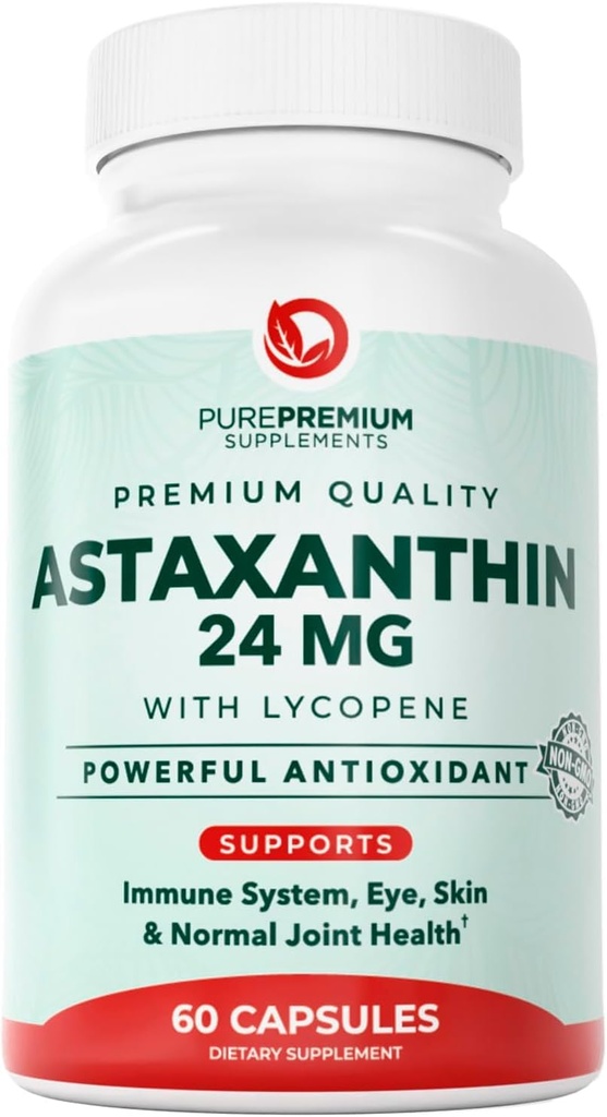 Suppléments d'Astaxanthine PurePremium - Astaxanthine 24mg avec Lycopène Supplément antioxydants 50mg pour la peau et la santé des yeux, et le système immunitaire – Non-OGM - 60 Compte, 2 mois d'approvisionnement