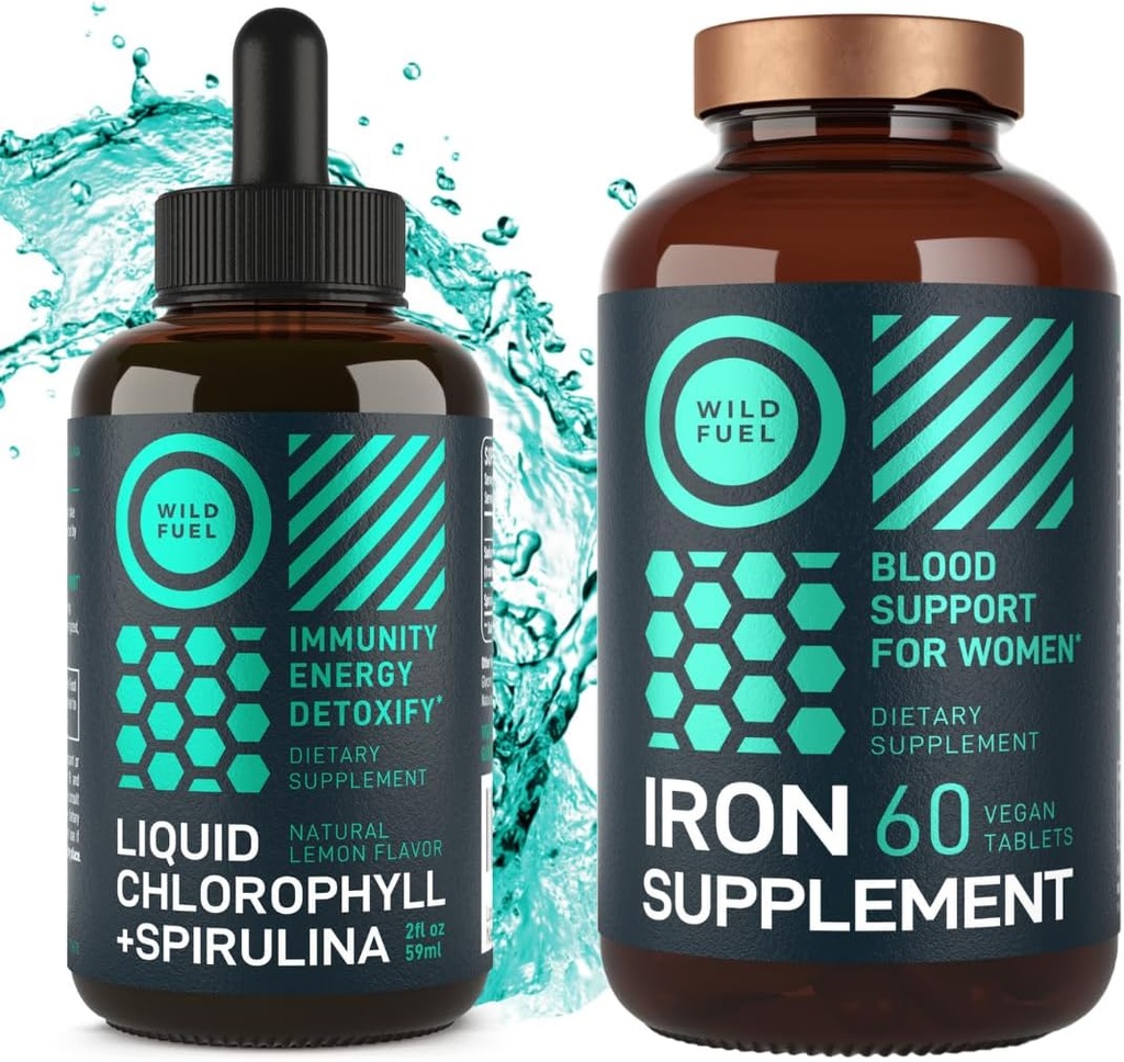 WILD FUEL Iron Tablets for Women with Folic Acid and Liquid Chlorophyll with Spirulina Female Health and Detox Bundle