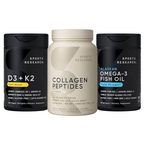 Sports Research® Multivitamins Pack - Collagen Peptides Type 1 & 3 Powder + Vitamin D3 + K2 5000IU + Omega-3 Fish Oil 1250