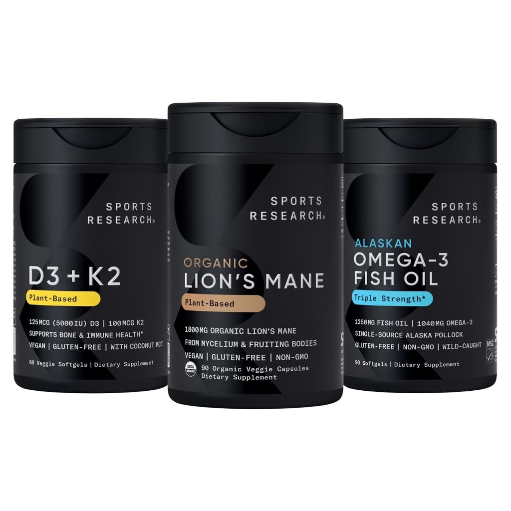 Sports Research® Cognitive Support Pack - Organic Lion's Mane Mushroom Supplement 1800mg + Vitamin D3 + K2 w/Coconut Oil - Vegan Vitamin D 5000iu + Omega-3 Fish Oil 1250
