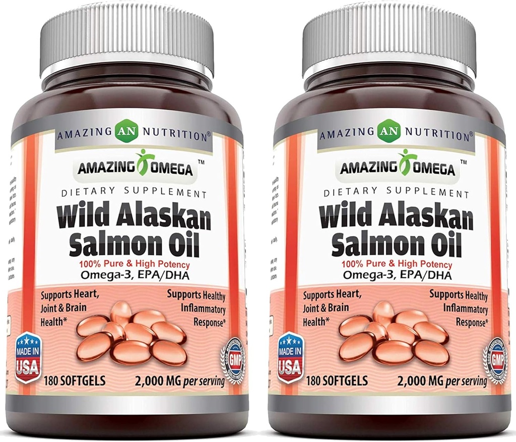 Amazing Omega Wild Alaskan Salmon Oil 2000mg Per Serving Softgels Supplement (180 | 2 Pack)