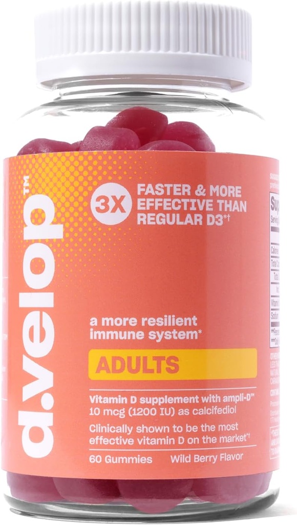 d.velop Vitamine D Gummies pour adultes - 1200 UI, 10 mcg – High Potency Vitamine D3 Gummies -Immune Support, Bone & Heart Health – 3X Faster & Plus Efficace – Nouvelle formule, Farry Flavor 60 Comte