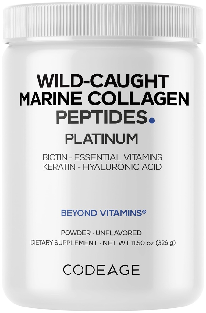 Supplément de poudre de protéine de collagène marin de codage Platine - Biotine 10 000 mcg, vitamine C, D3 et B6, kératine, acide hyaluronique, niacine, poisson sauvage capturé Hydrolysé Peptides de collagène - Non-OGM - 11,50 oz