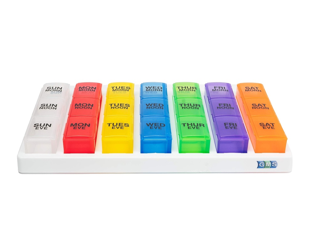GMS 3 Times a Day Weekly Pill Reminder for Medication Vitamins and Supplements | White Tray with Removable Daily Boxes - Rainbow