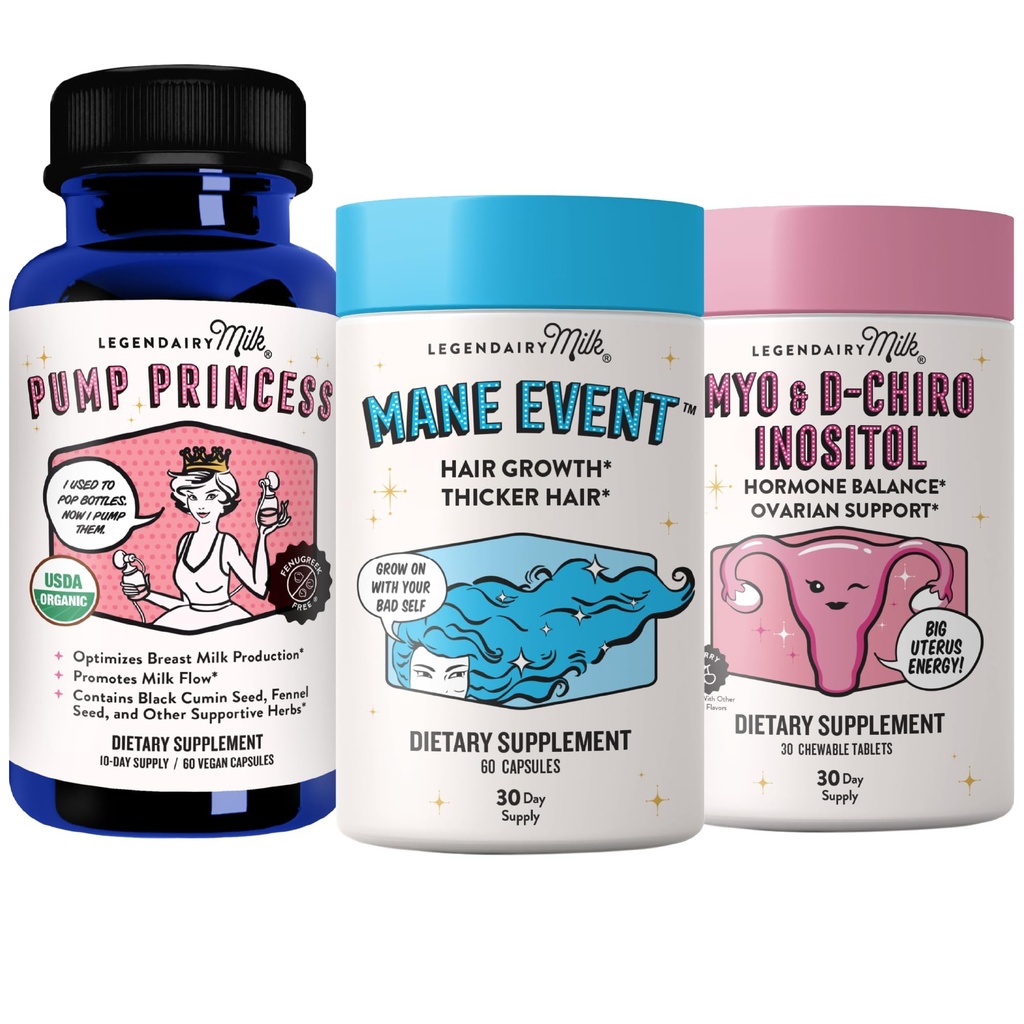 PCOS & Breastfeeding Support Bundle – Hormone Balance, Healthy Milk Supply & Postpartum Hair + Skin Nutrition with Pump Princess, Mane Event & Pure Inositol