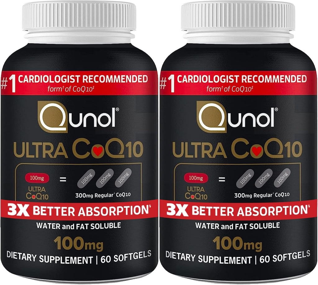 Qunol Ultra CoQ10 100mg 3X Mieux Absorption L'eau brevetée et le supplément naturel soluble de graisse forme Coenzyme Q10 Antioxydant pour packs de santé cardiaque Softgels, 120 Compte