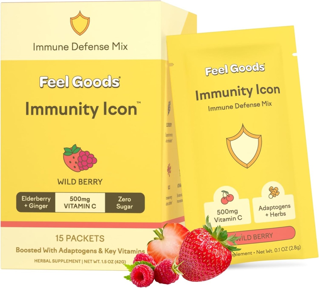 Sensation de produits Icône d'immunité, Zéro sucre, Vitamine C, A, B, D, E & Zinc, Elderberry biologique, Ashwagandha, boire de la poudre de mélange, végétalien, non OGM, caféine et sans gluten