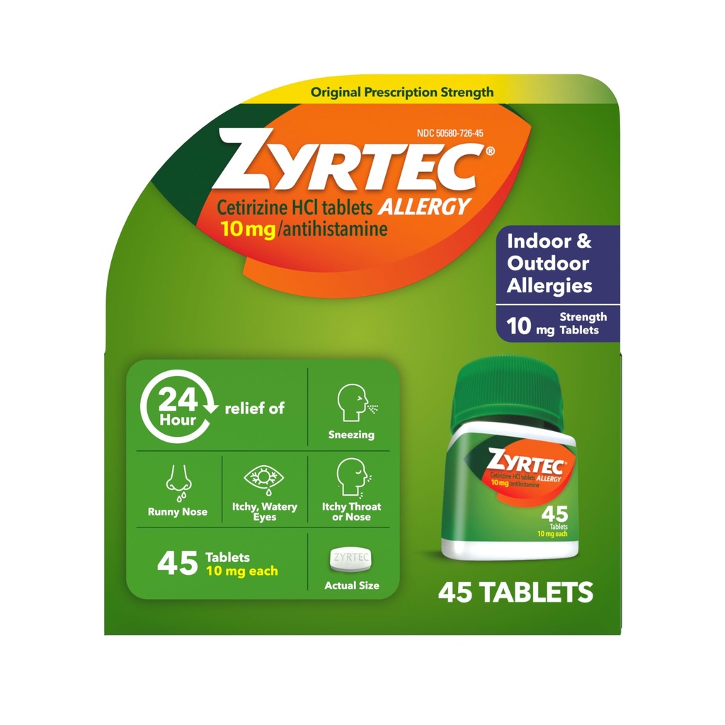 Zyrtec 24 heures comprimés antiallergiques, intérieur et extérieur anti-allergie médicament avec 10 mg de HCl cétirizine par comprimé antihistaminique, soulagement du nez runny, éternuer, yeux démangeaisons et plus, 45 ct