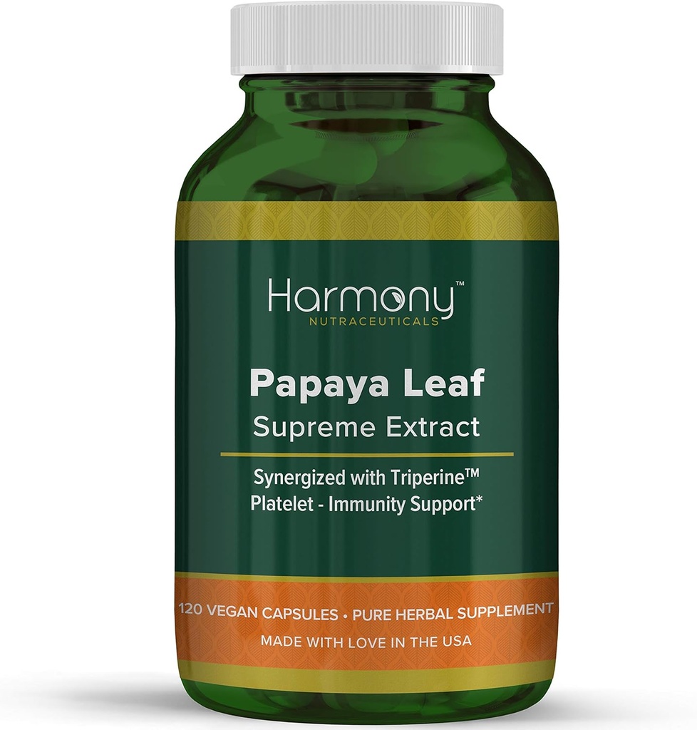 Harmony Nutraceuticals Papaya Leaf Supreme Extract Highest Potency Maximum Bioactivity Organic Dr. Gumman's Clinical Grade 120 Vegan Capsules Synergized with Triperine