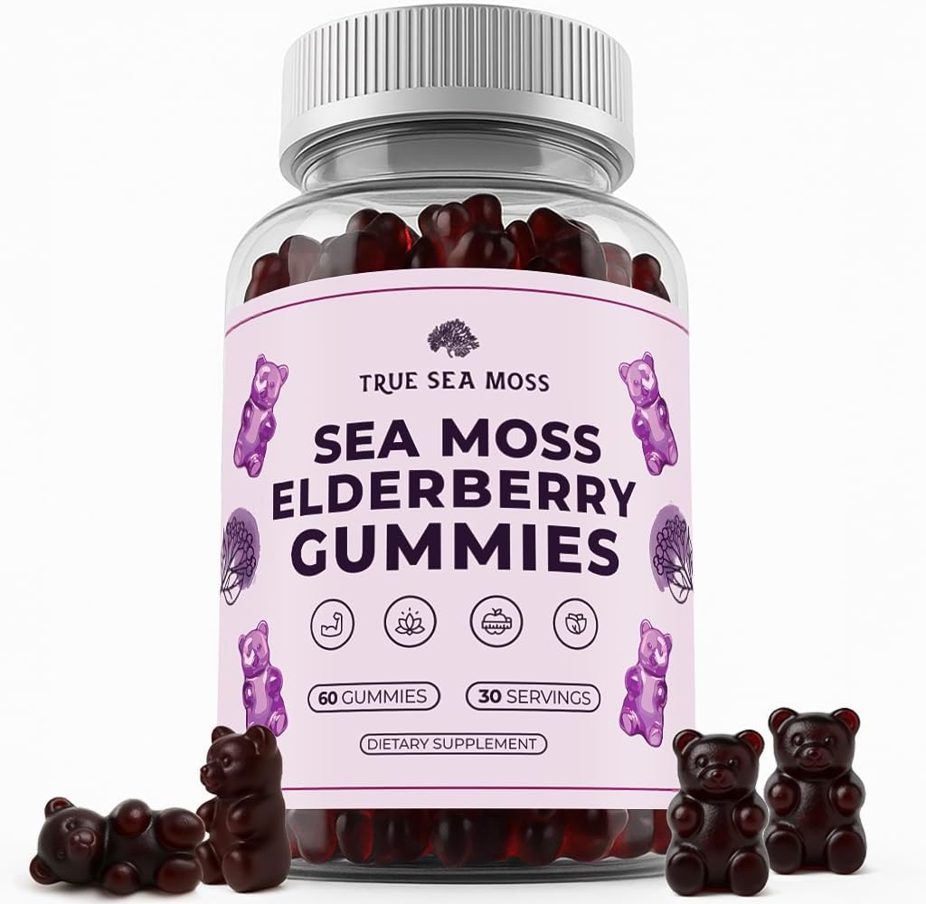 TrueSeaMoss Sea Moss Gummies with Elderberry, Burdock Root & Bladderwrack – Vegan, formule non-OGM pour adultes et enfants – 1200mg par portion, parfum fruité, fabriqué aux États-Unis – 60 Gummies