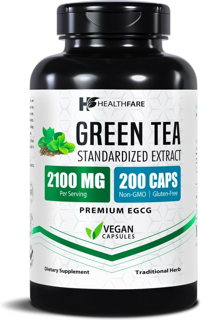 Healthfare Green Tea Extract Pills 2100mg | Supplement Standardized with EGCG & Polyphenols | 200 Vegan Capsules | Extra Strength Antioxidant Support | Non-GMO, Gluten-Free | Made in USA