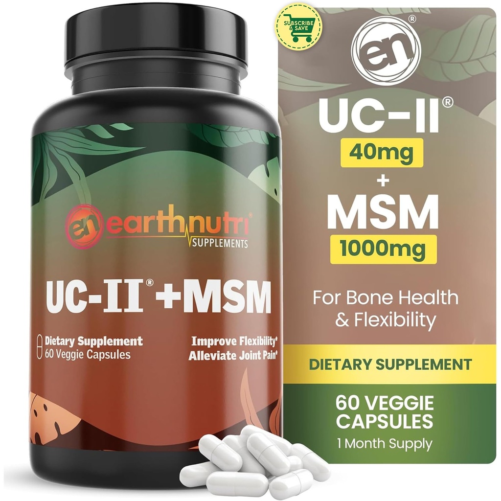 EarthNutri UC-II Collagen & MSM Supplement for Bone Health and Joint Flexibility Joint Supplement - 40mg UC-II Providing 10mg Total Collagen & 1000mg MSM - 60 Capsules (2 Caps Daily)