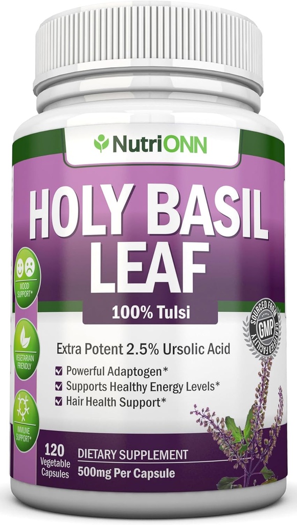 Capsules Holy Basil Leaf - 500mg - 2,5 % acide ursolique - 120 capsules véganes - Supplément d'extrait de Tulsi réel - Mindset positif - Herbe ayurvédique et adaptogène