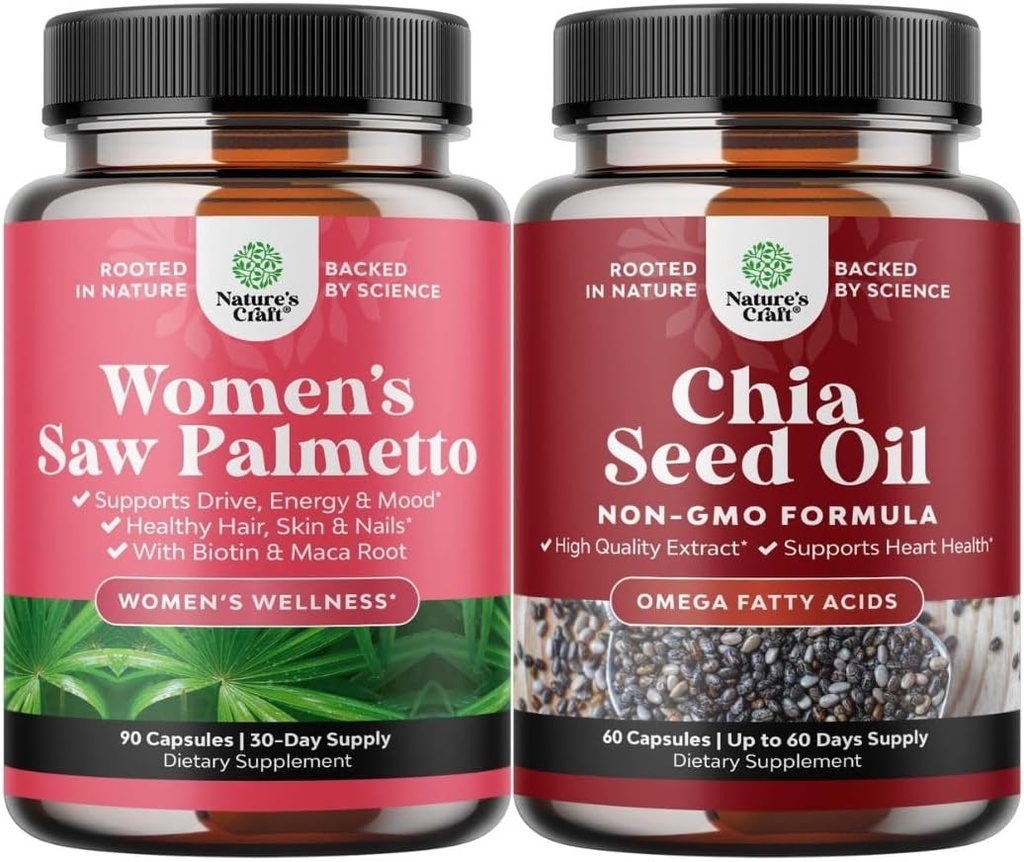 Bundle of Extra Strength Saw Palmetto for Women and Chia Seed Oil Extract Capsules - Stronger Thicker Faster Hair Growth Vitamins - Plant Based Omega 3 6 9 Supplement and Daily Fiber Capsules